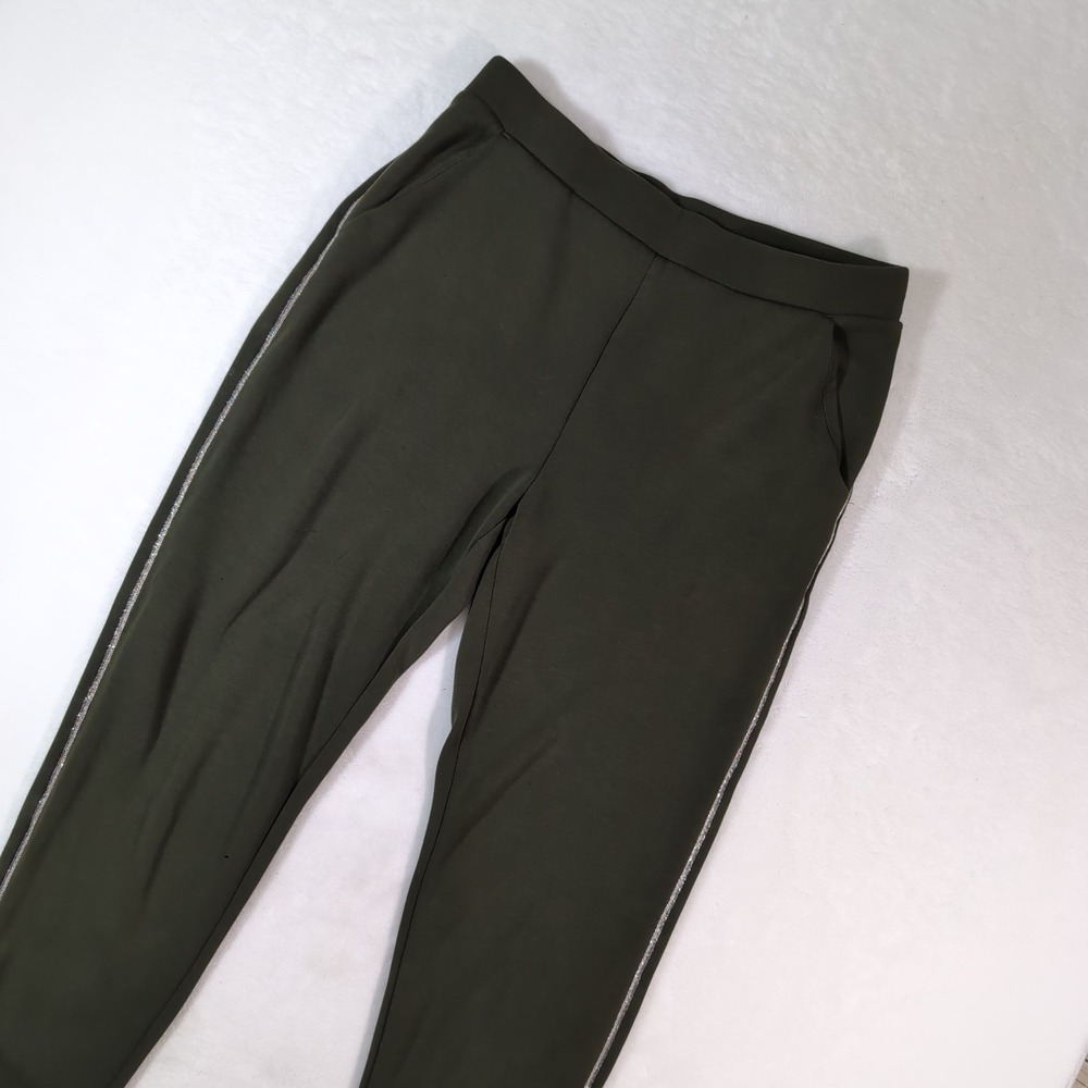 Chico's Tuxedo Stripe Pants Womens 1R Medium 8 Olive Green Glitter Sweatpants